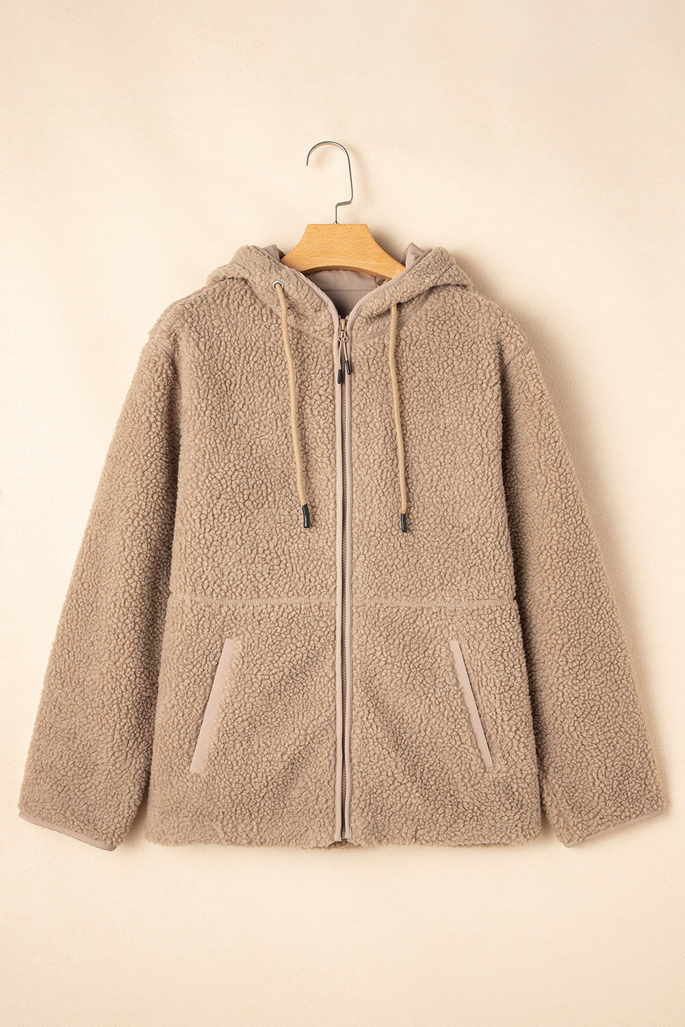 PREORDER: Pale Khaki Fleece Zip Up Drawstring Hooded Pocketed Jacket (Ships 3-4 Weeks)