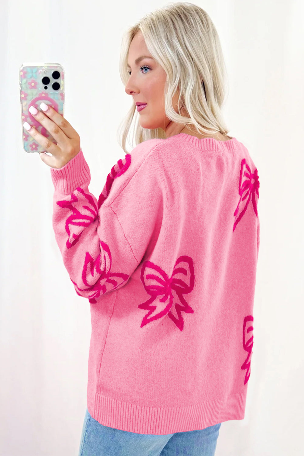PREORDER: Pink Bow Pattern Drop Shoulder Loose Sweater (Ships 2-4 weeks)