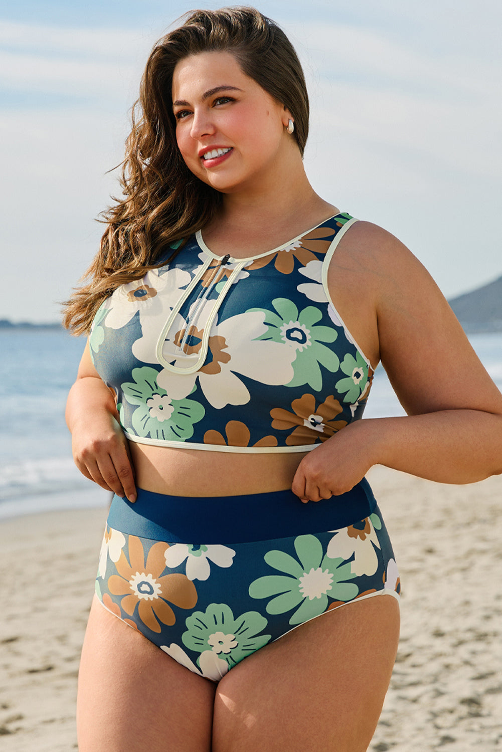 PREORDER: Blue Flower Zip up Racerback High Waisted Bikini (Ships 2-5 weeks)