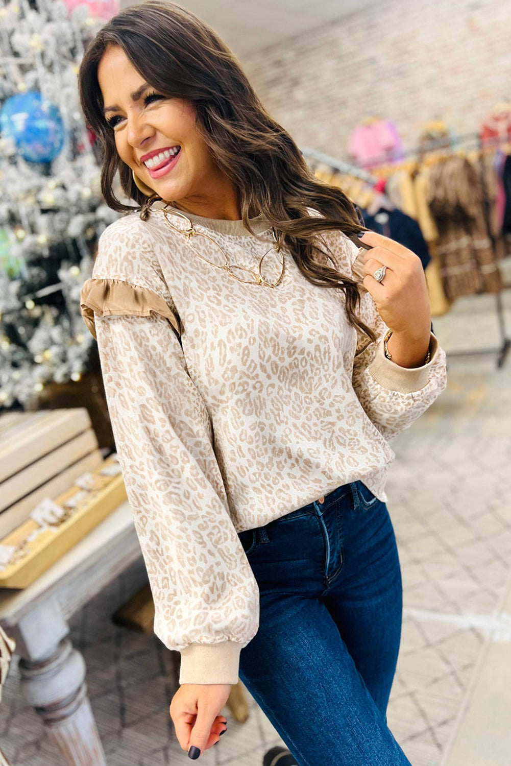 PREORDER: Khaki Leopard Ruffle Detail Sweatshirt (Ships 3-4 Weeks)