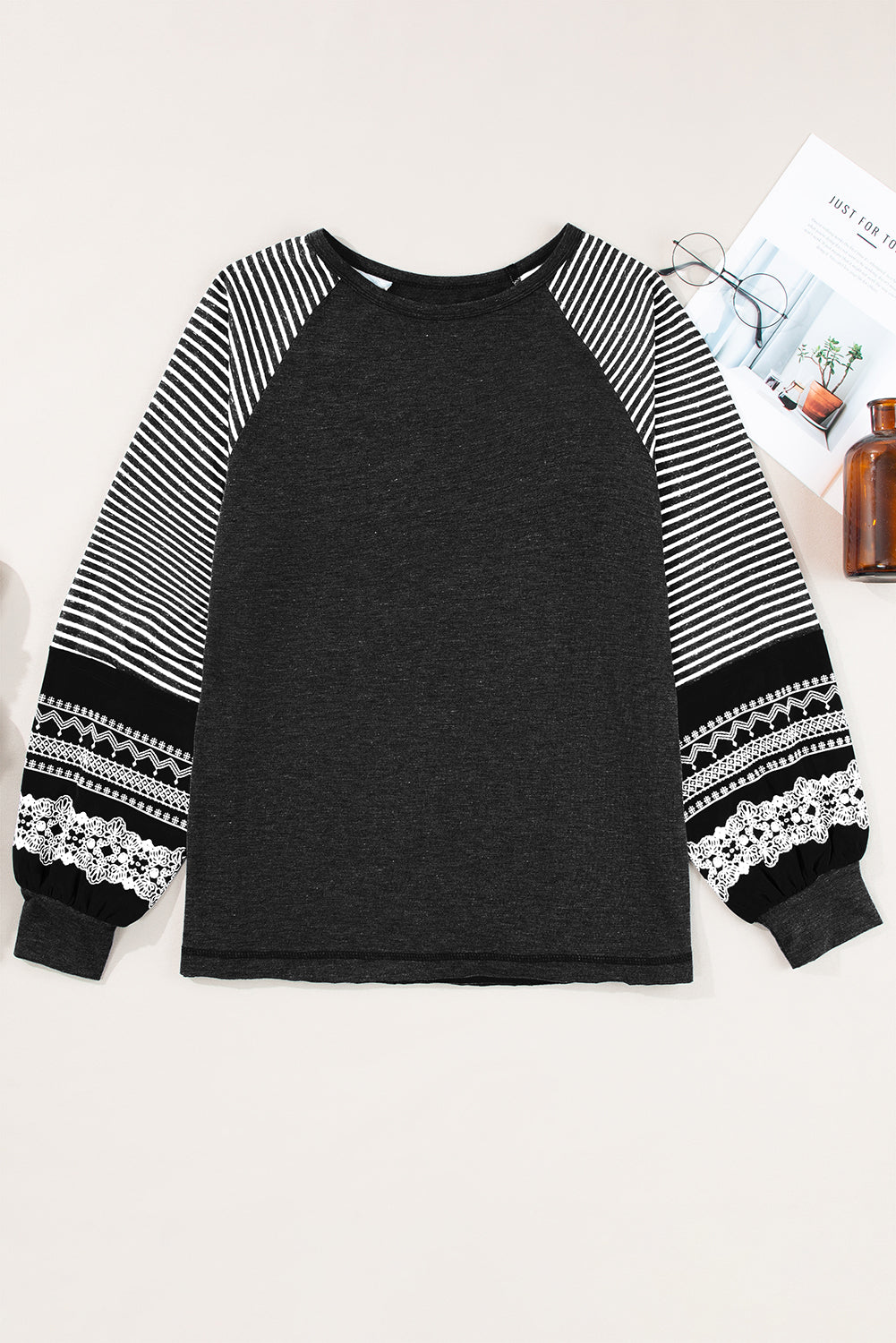 PREORDER: Black Contrast Print Striped Raglan Long Sleeve Loose Top (Ships 3-4 Weeks)
