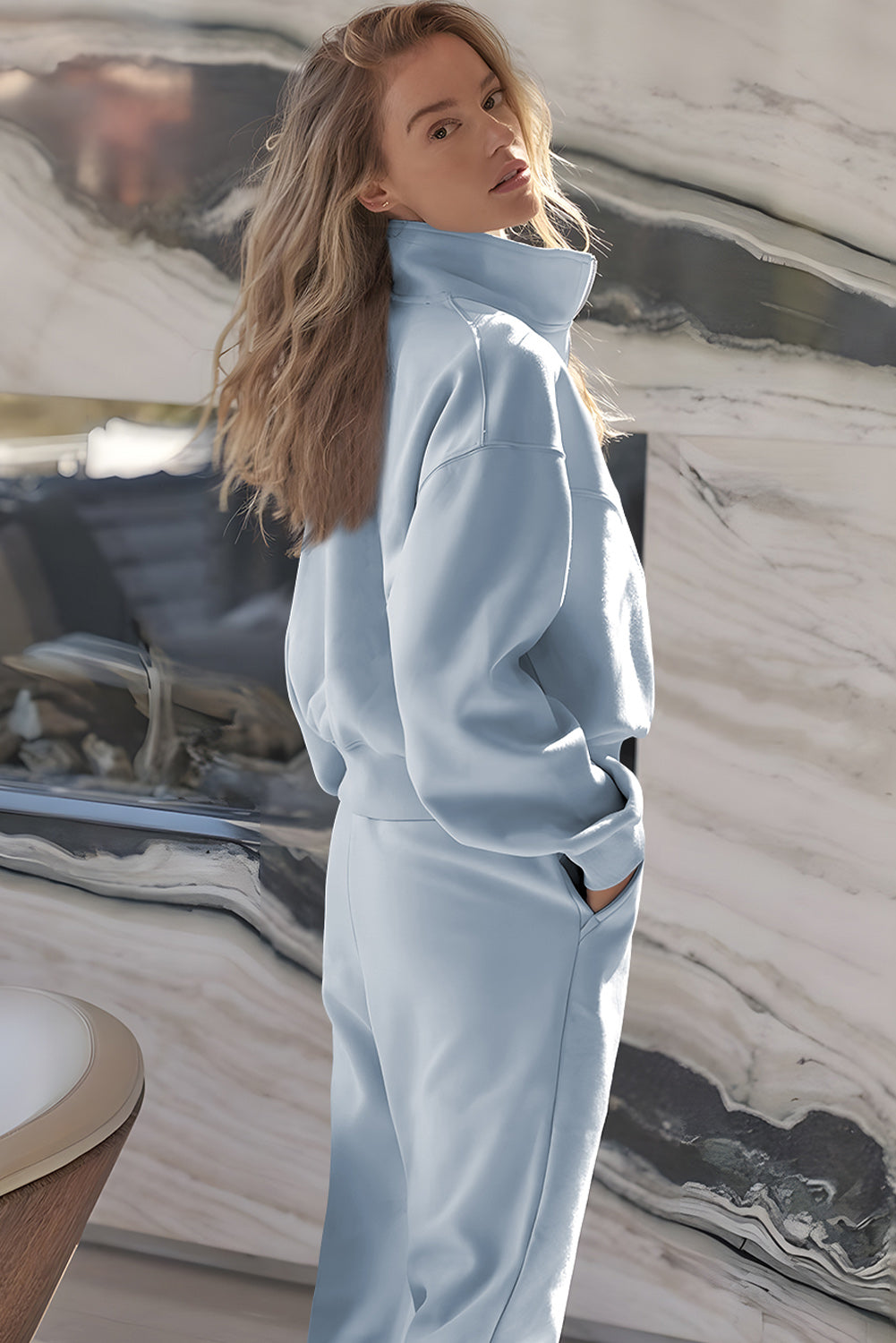 PREORDER: Sky Blue Half Zip up Pullover Active Top and Joggers Set (Ships 3-4 Weeks)