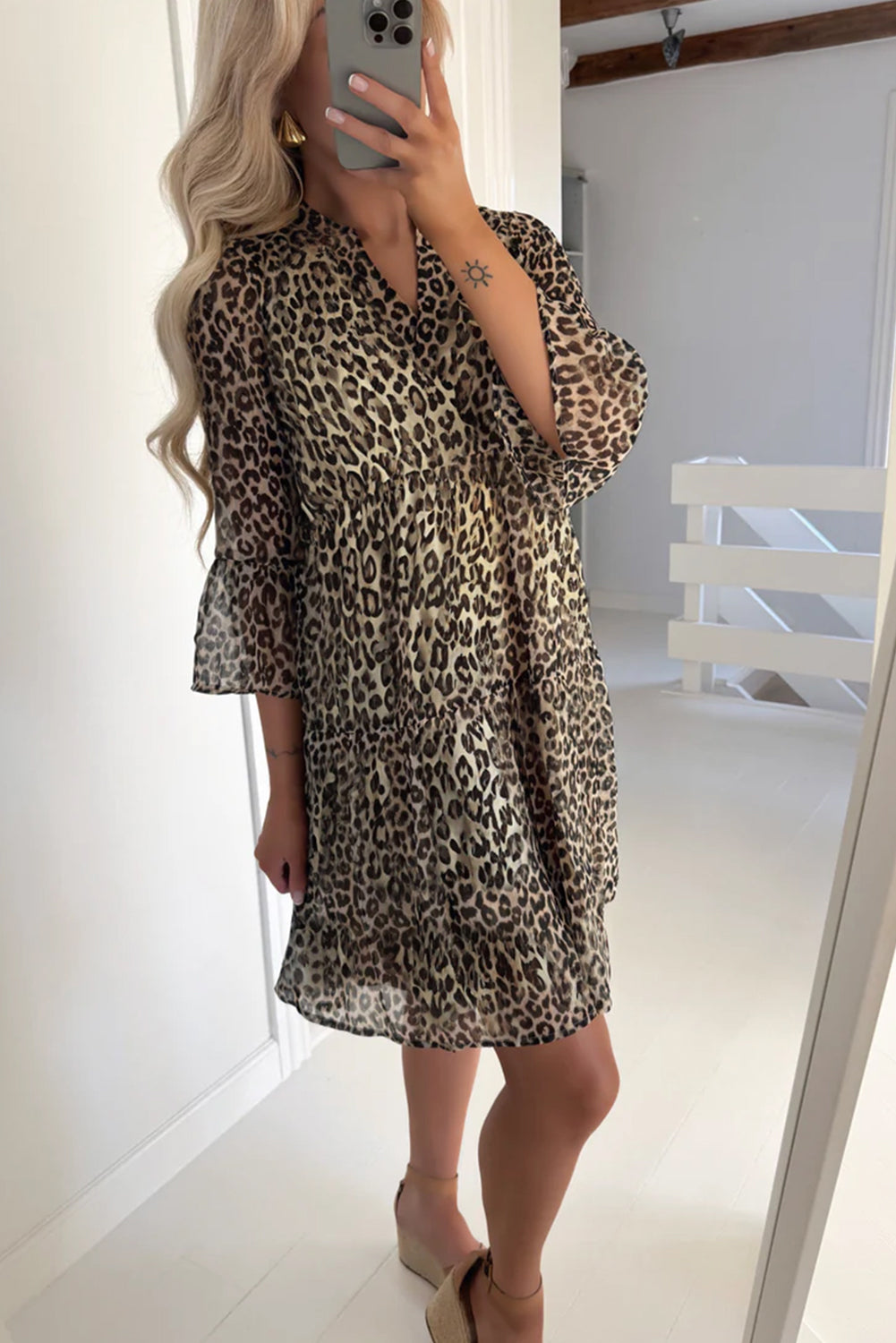 PREORDER: Leopard 3/4 Sleeve V Neck Swing Dress (Ships 3-4 Weeks)