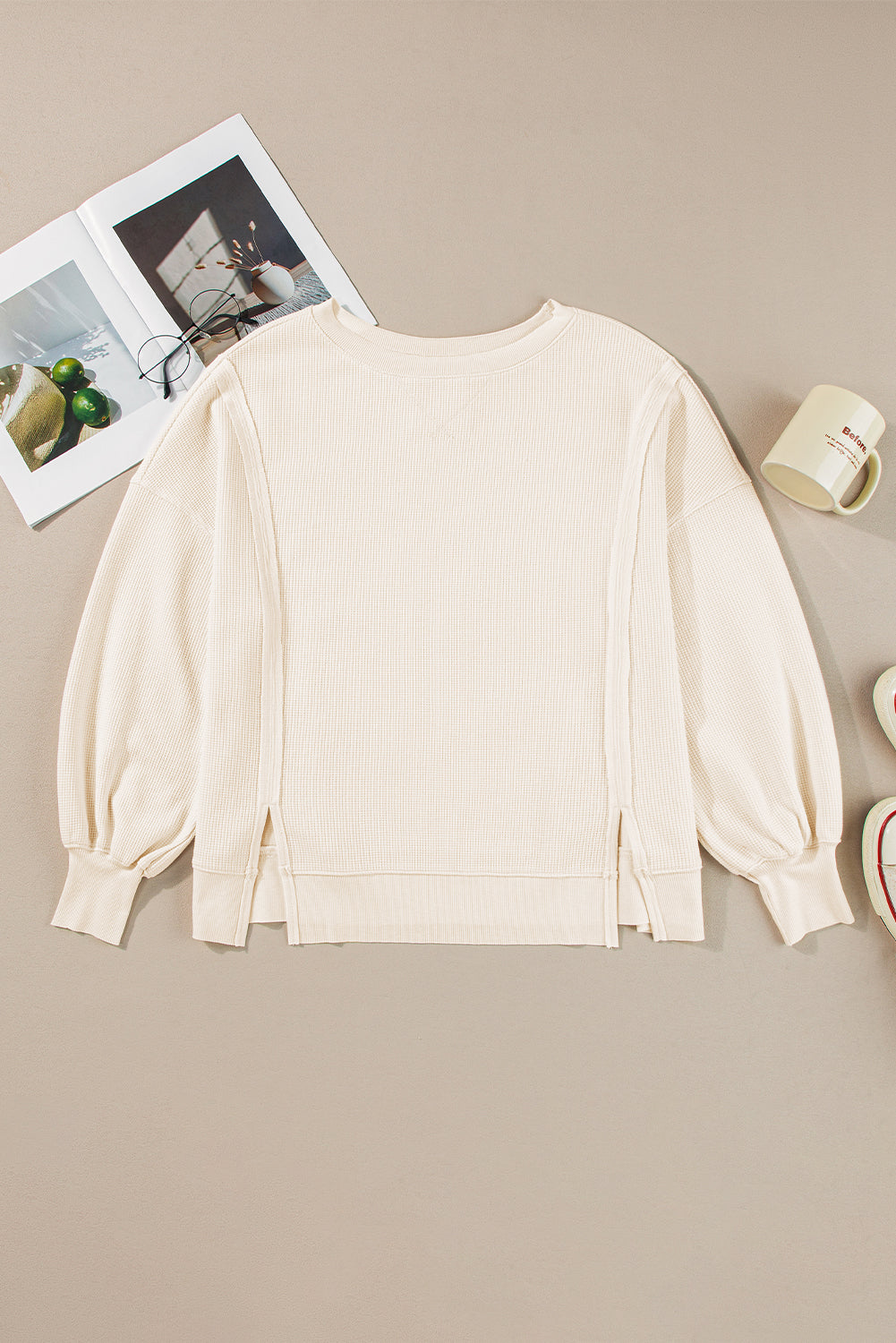 PREORDER: Waffle Knit Bishop Sleeve Split Oversized Top (Ships 3-4 Weeks)