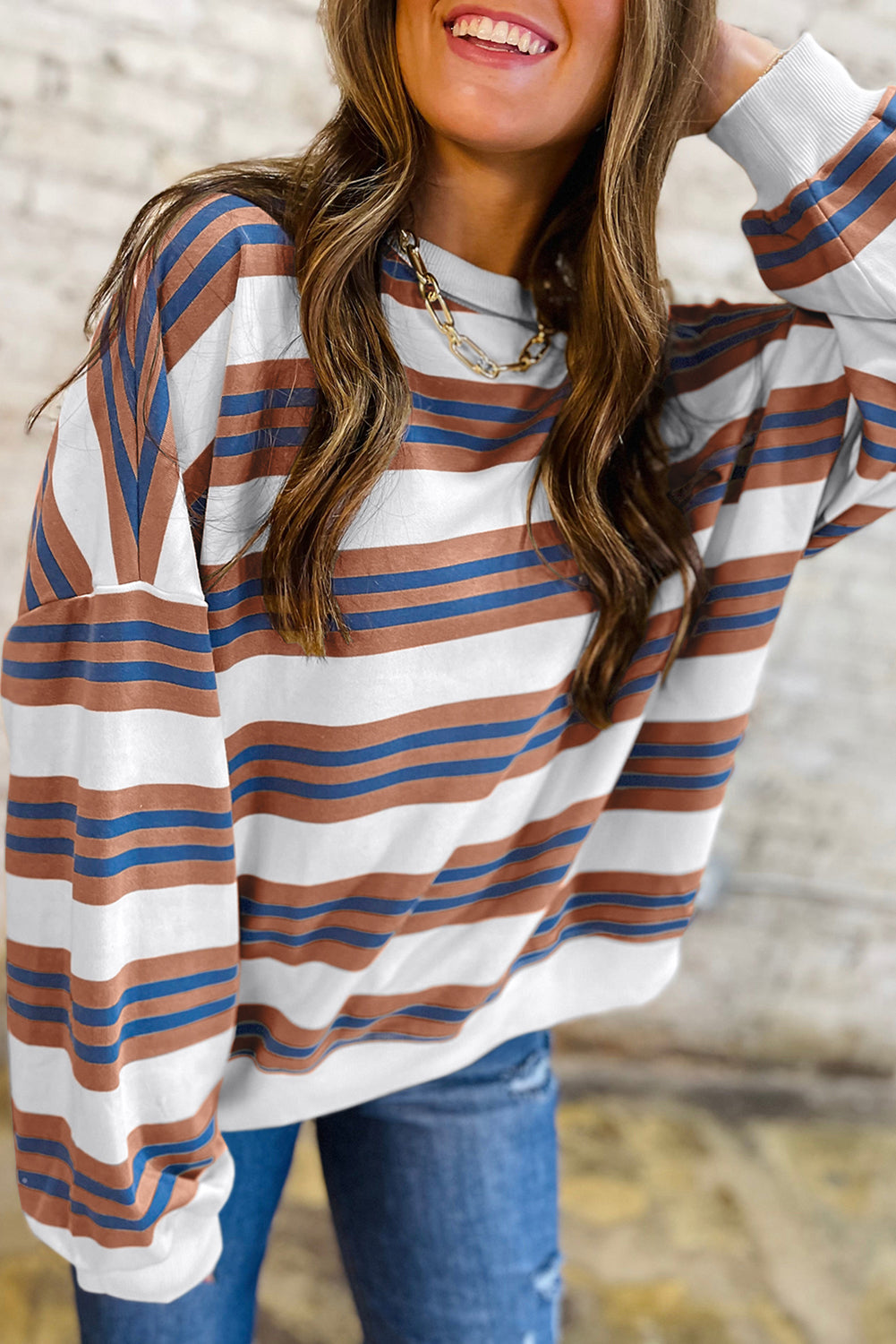 PREORDER: Brown Stripe Crew Neck Drop Shoulder Pullover Sweatshirt (Ships 3-4 Weeks)
