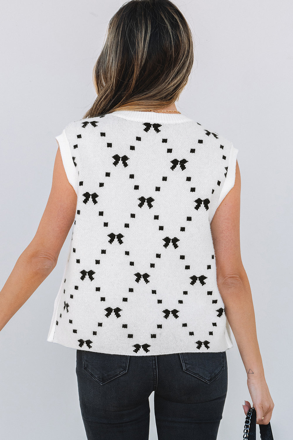 PREORDER: White Bow Pattern Buttoned Side Cropped Sweater Vest (Ships 2-4 weeks)