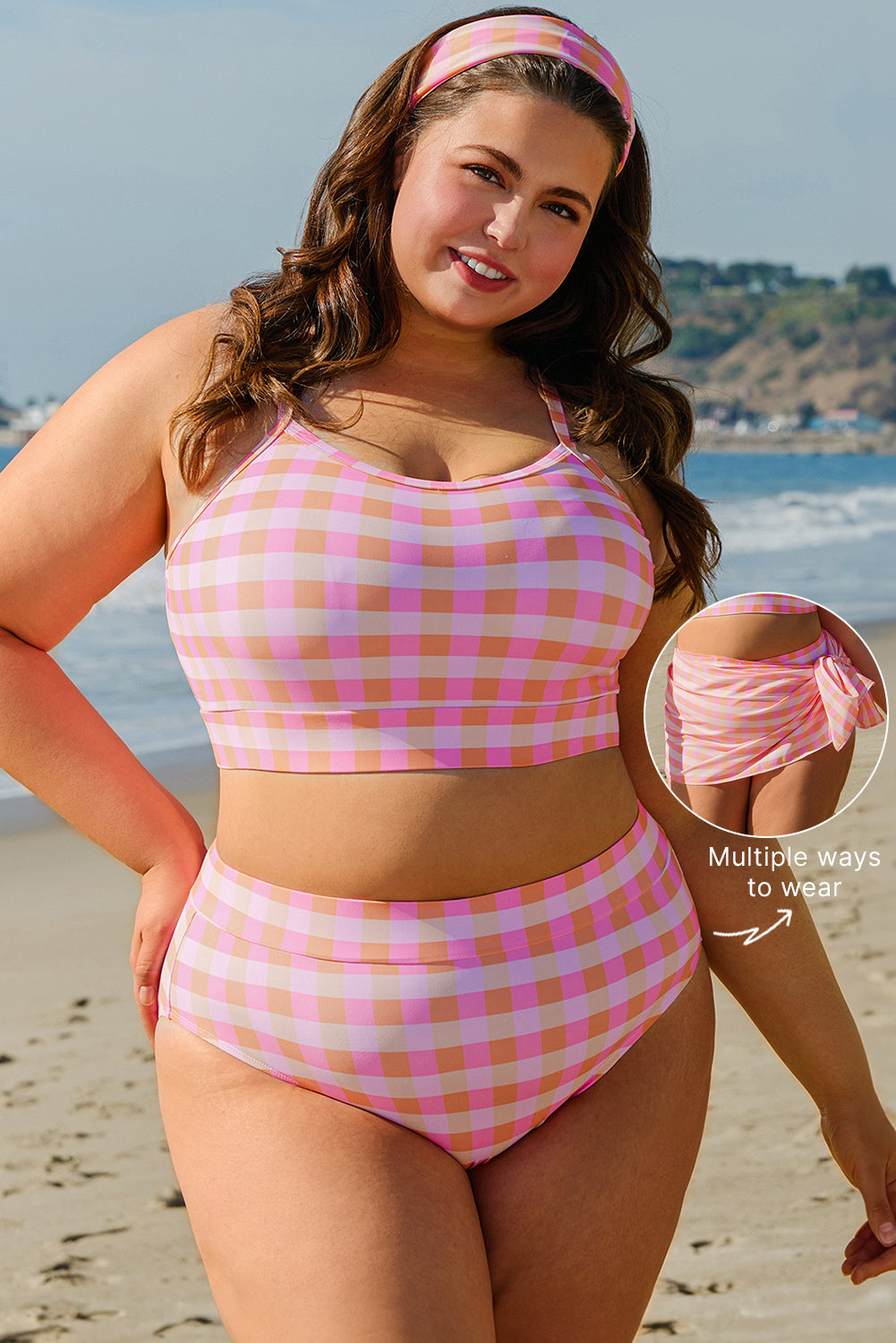 PREORDER: Pink 3pcs Gingham High Waist Bikini & Sarong (Ships 2-5 weeks)