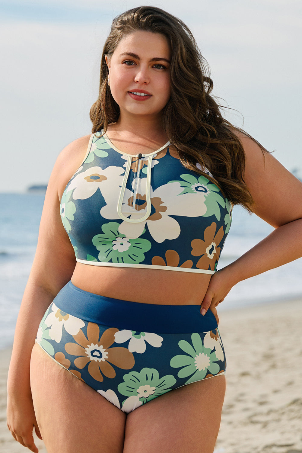 PREORDER: Blue Flower Zip up Racerback High Waisted Bikini (Ships 2-5 weeks)