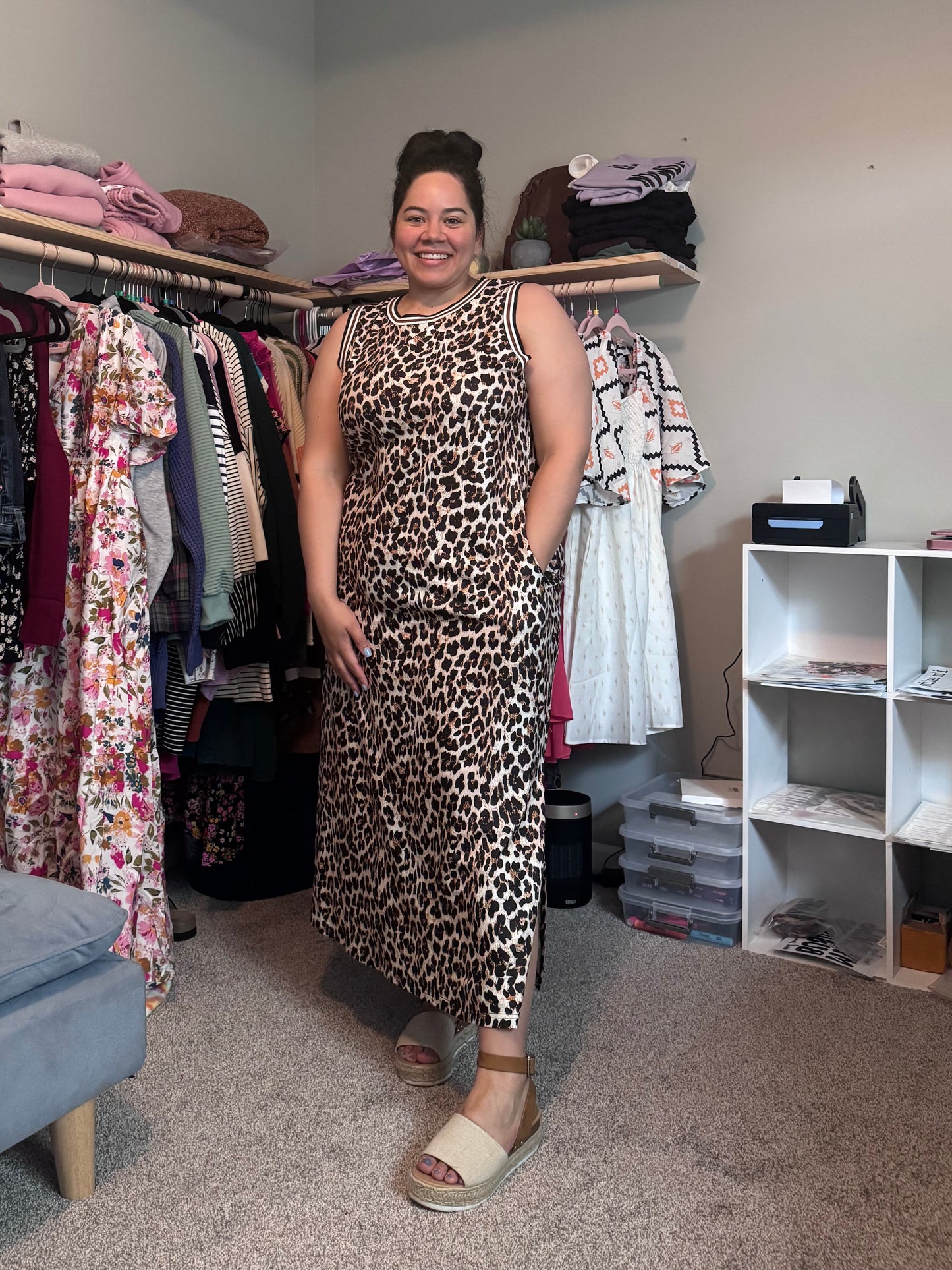 PREORDER: Black Contrast Striped Trim Leopard Sleeveless Maxi Dress (Ships 2-4 weeks)