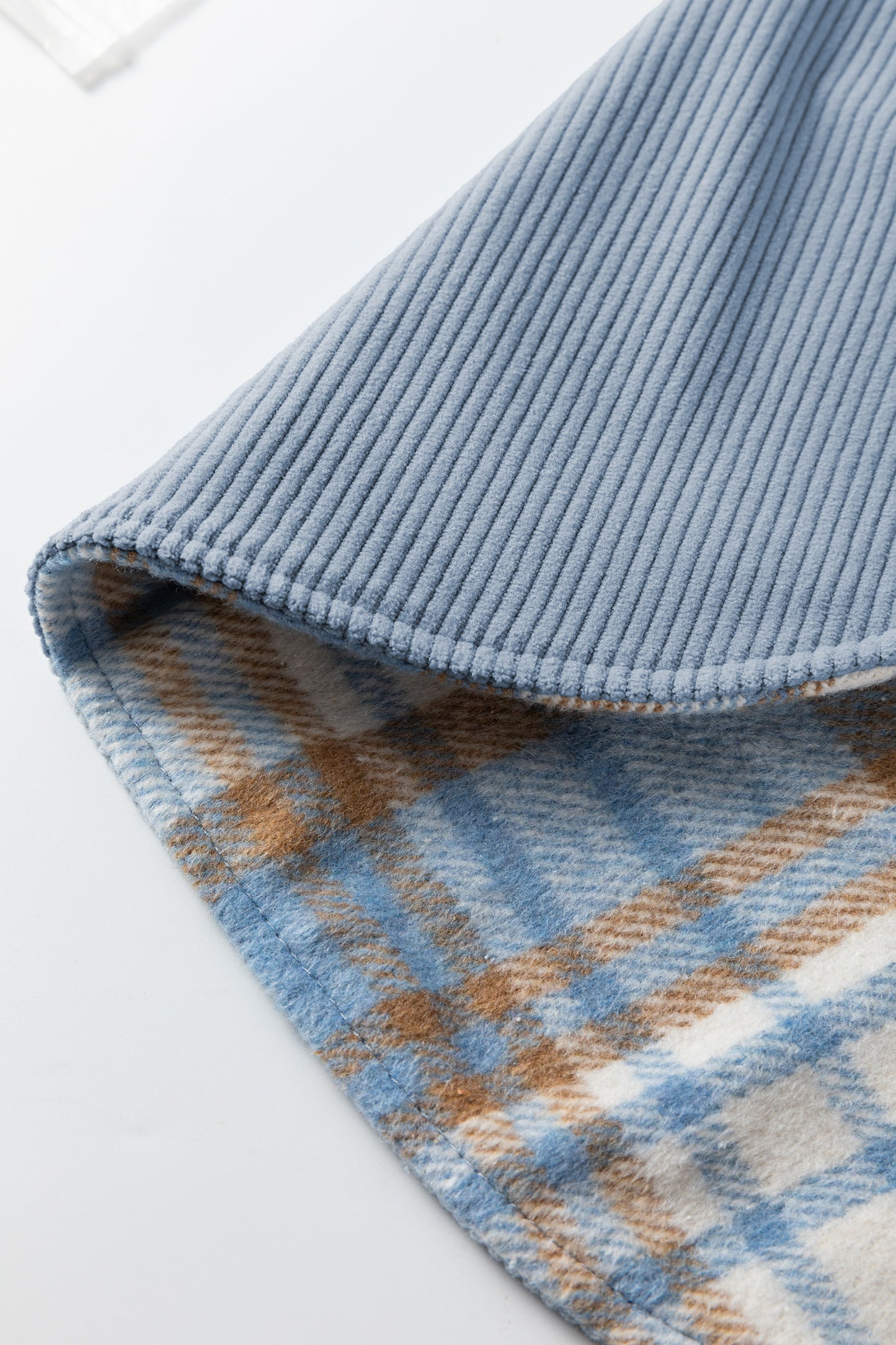 Blue Plaid Corduroy Reversible Button Up Shacket