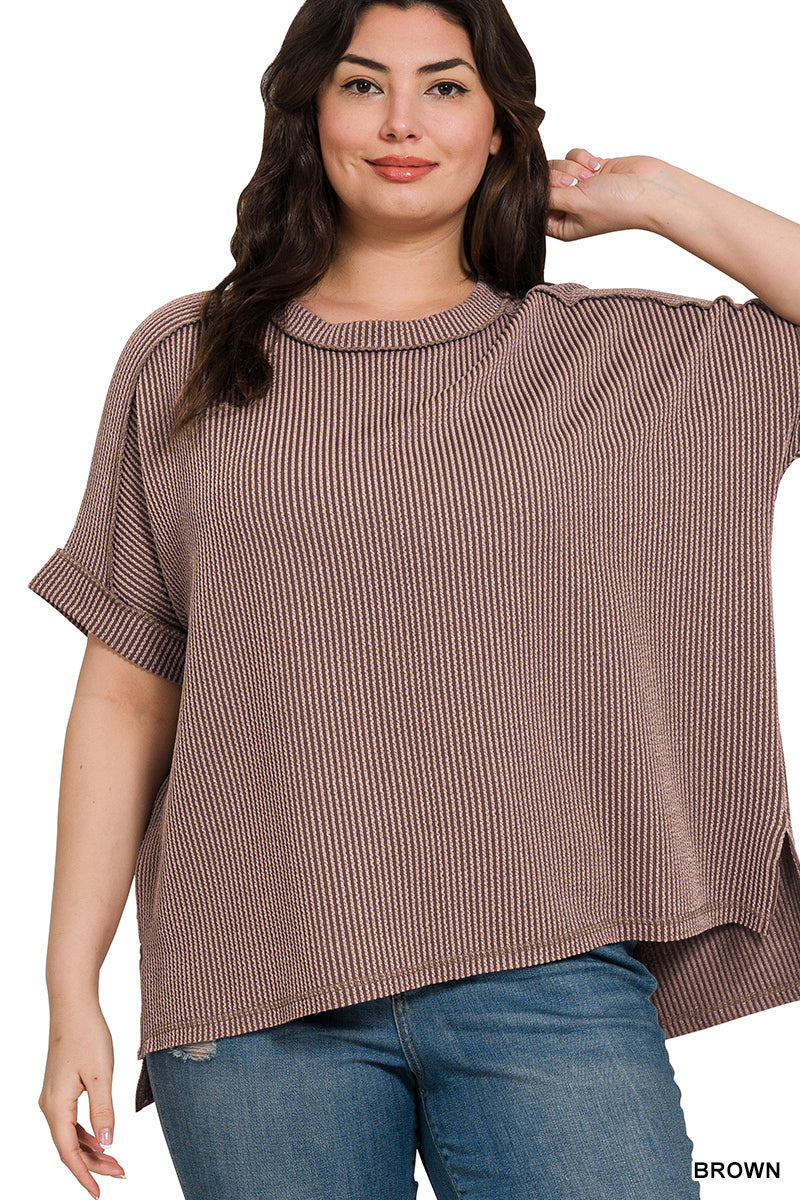 Raised Rib Cuff Sleeve Raw Edge Top