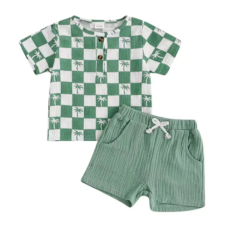 PREORDER: Green Muslin Palm Tree Chex Short Set (Ships 2-5 weeks)