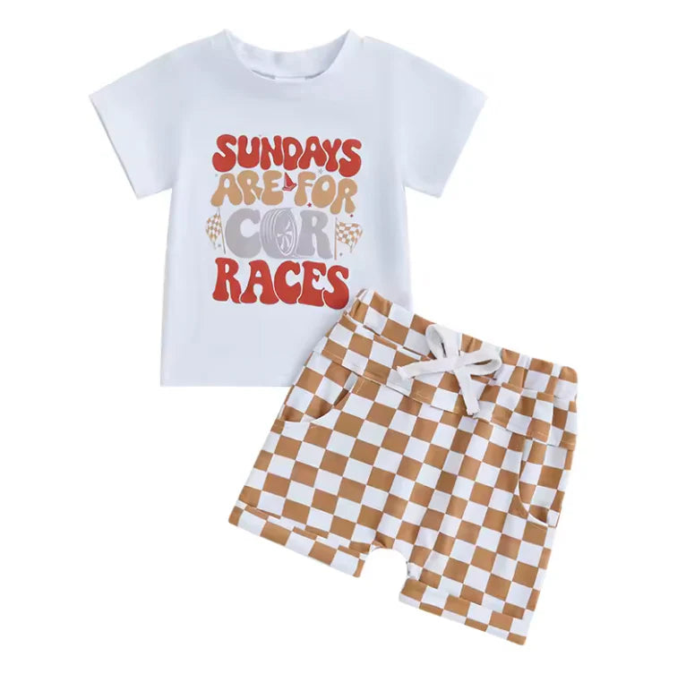 PREORDER: Sundays Are For Cars Tan Chex Short Set (Ships 2-5 weeks)