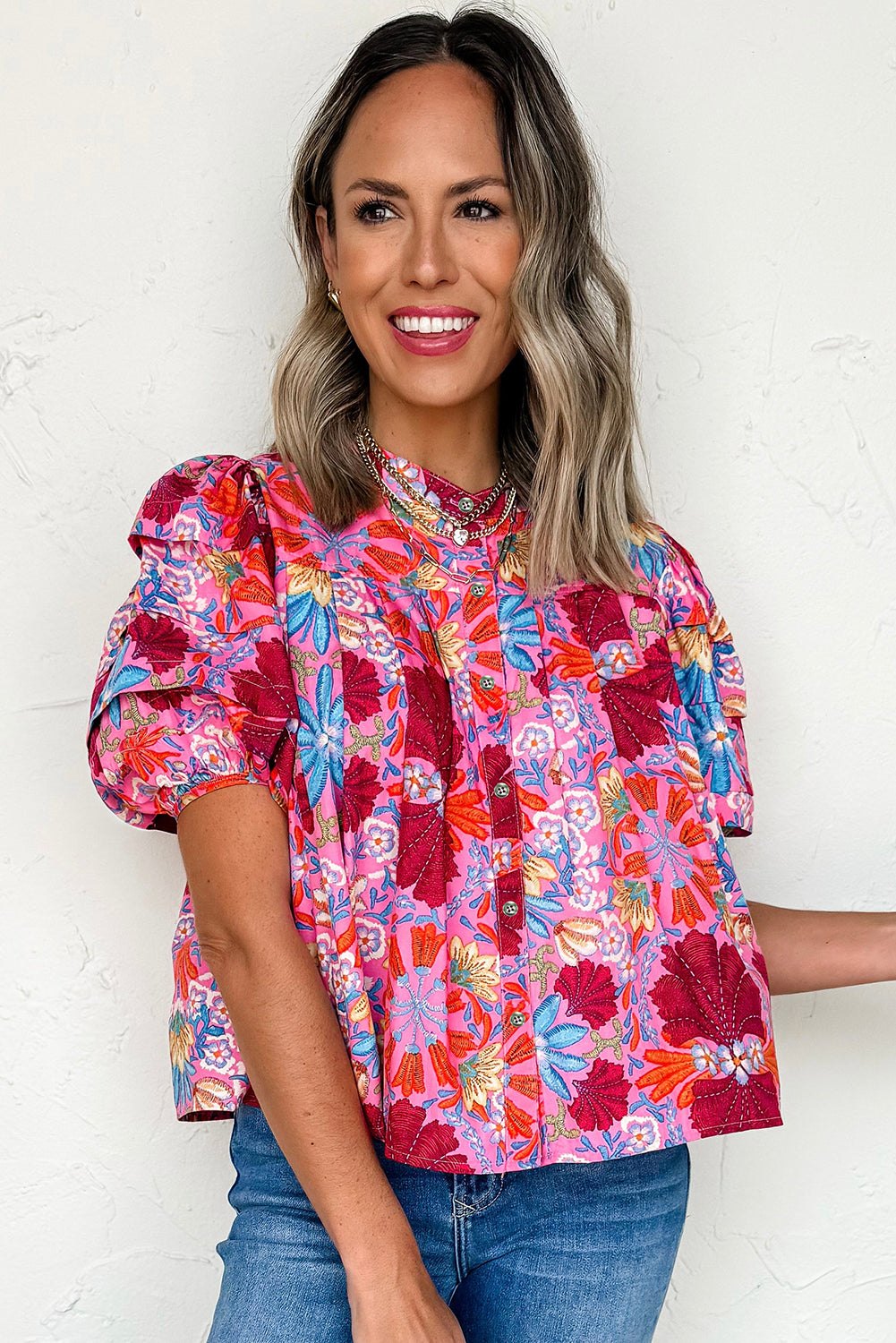 PREORDER: Pink Floral Print Bubble Sleeve Button Up Pleated Shirt (Ships 2-4 weeks)