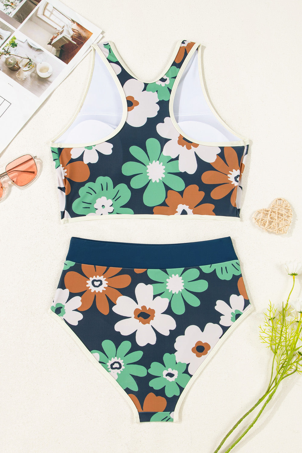PREORDER: Blue Flower Zip up Racerback High Waisted Bikini (Ships 2-5 weeks)
