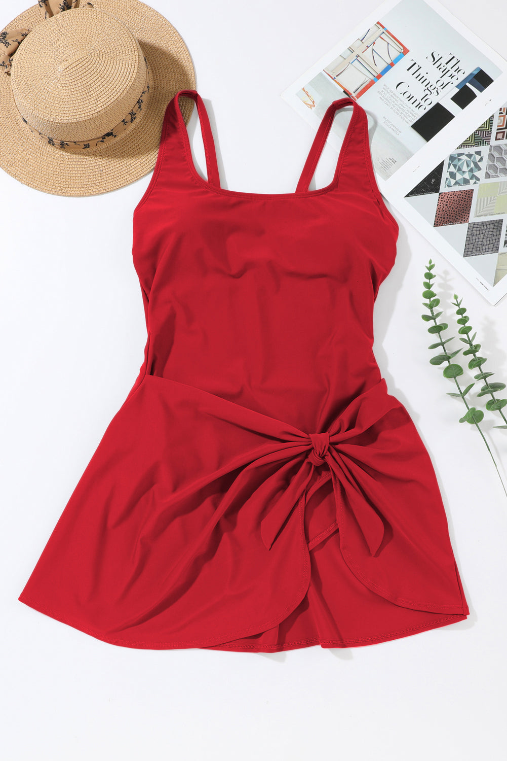 PREORDER: U Neck Adjustable Straps Knotted Skirt Patchwork One Piece Swimsuit (Ships 2-5 weeks)