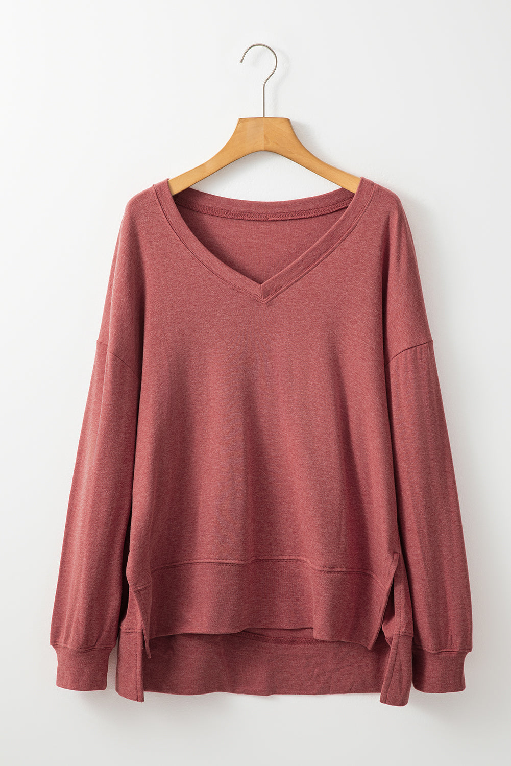 PREORDER: Red Side Slits V Neck Loose Fit Tunic Top (Ships 2-4 Weeks)