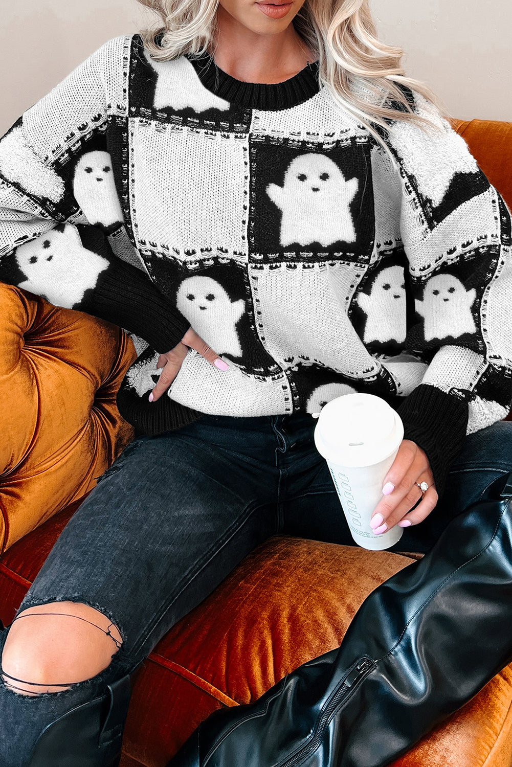 PREORDER: Black Halloween Ghost Checkered Drop Shoulder Sweater(Ships 3-4 Weeks)