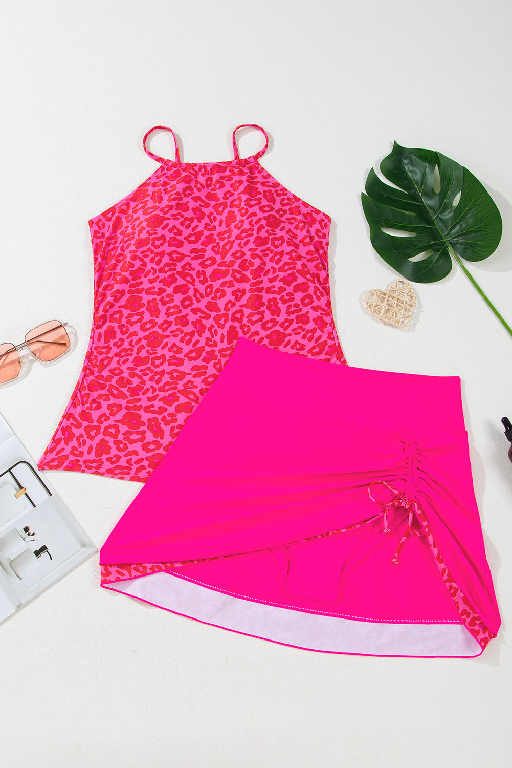 PREORDER: Rose Leopard Drawstring Side Tankini 2pcs Swimsuit (Ships 2-4 weeks)