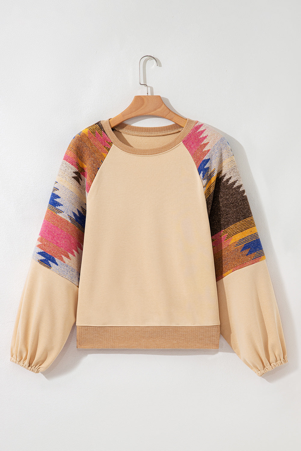 PREORDER: Light French Beige Aztec Patchwork Raglan Pullover Sweatshirt (Ships 2-4 Weeks)