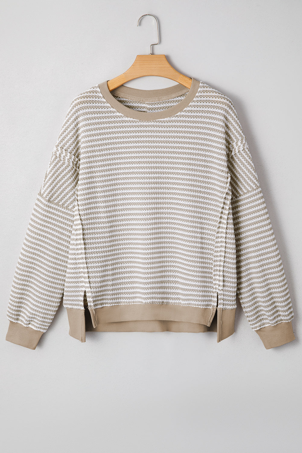 PREORDER: Brown Stripe Ribbed Trim Drop Shoulder Long Sleeve Oversize Top (Ships 3-4 Weeks)