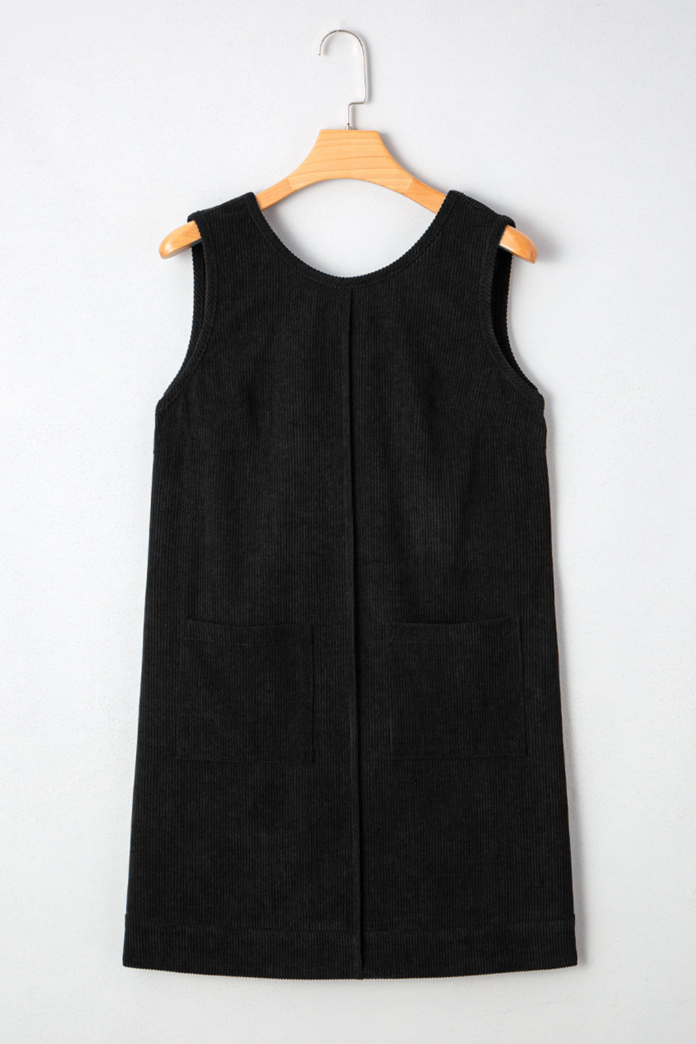 PREORDER: Black Corduroy Sleeveless Mini Dress With Patched Pockets (Ships 3-4 Weeks)