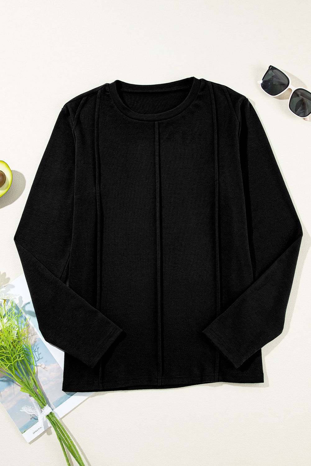 PREORDER: Black Solid Exposed Seam Crew Neck Long Sleeve Top (Ships 3-4 Weeks)