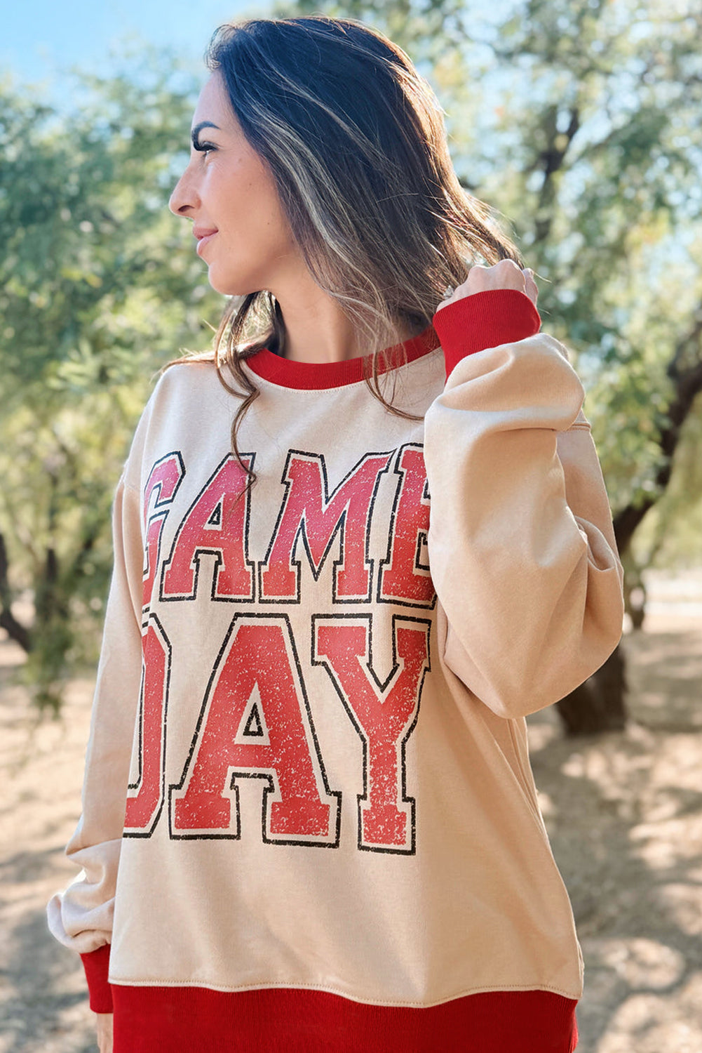 PREORDER: Oatmeal & Red GAME DAY Varsity Oversized Sweatshirt (Ships 2-4 Weeks)