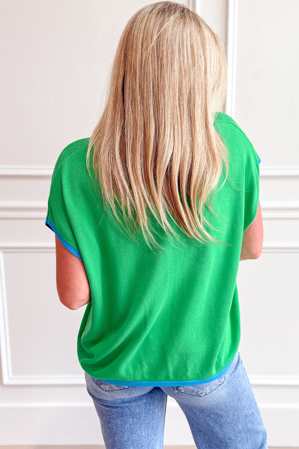 PREORDER: Green Contrast Trim Round Neck Short Sleeve Loose Knit Sweater (Ships 2-4 Weeks)
