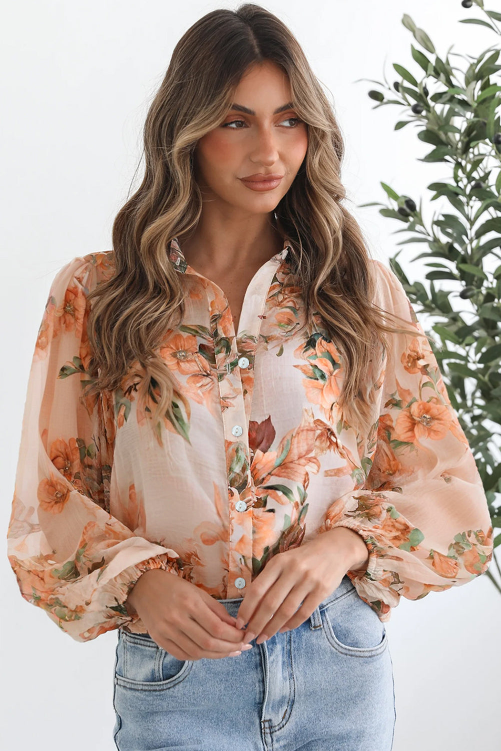 PREORDER: Orange Floral Puff Sleeve Lightweight Shirt (Ships 2-4 Weeks)
