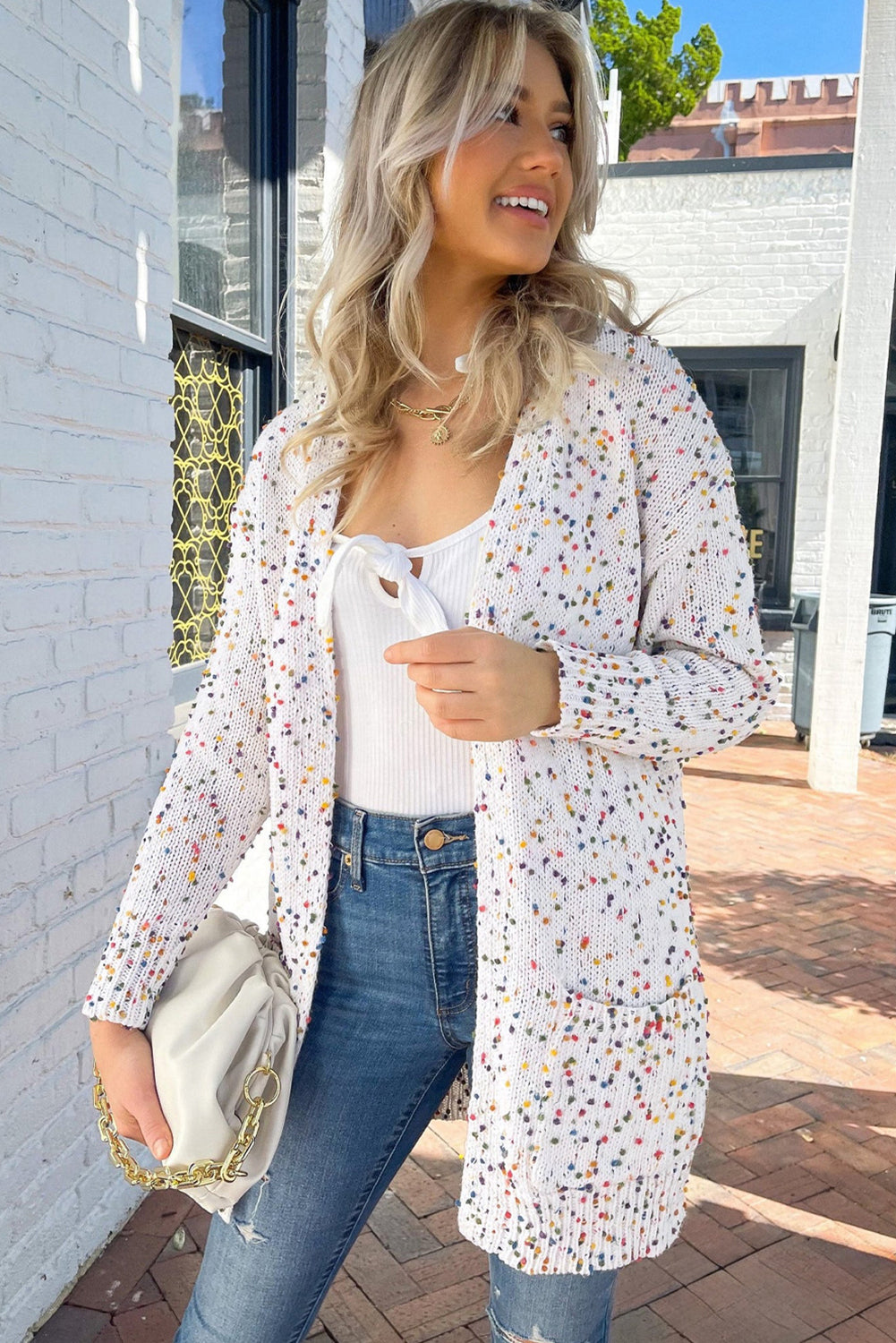 PREORDER: White Confetti Rib Knit Long Sleeve Cardigan (Ships 2-4 Weeks)