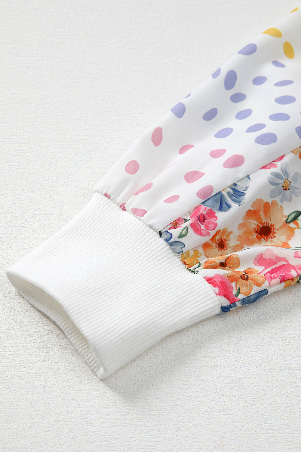 PREORDER: White Floral Dotted Mixed Print Patchwork Sleeve High Low Casual Sweatshirt (Ships 2-4 Weeks)