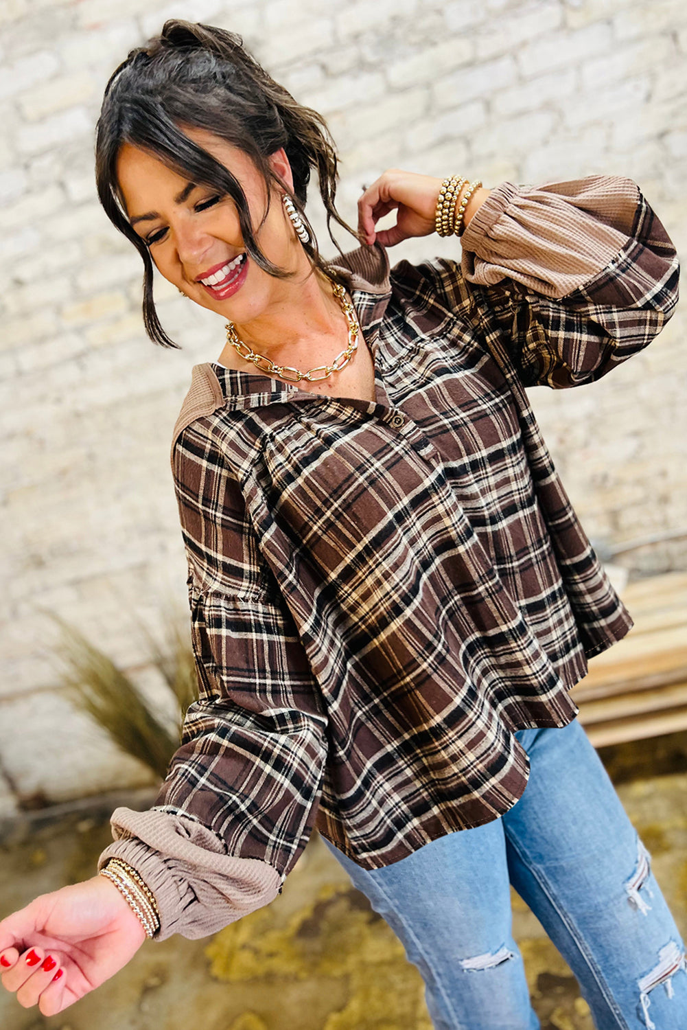 PREORDER: Brown Plaid Patchwork Long Sleeve Button Hooded Blouse (Ships 3-4 Weeks)