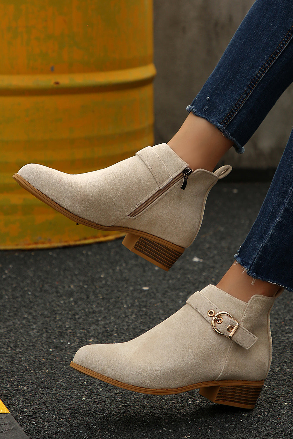 PREORDER: Beige Classic Buckle Strap Chunky Heel Suede Boots (Ships 3-4 Weeks)