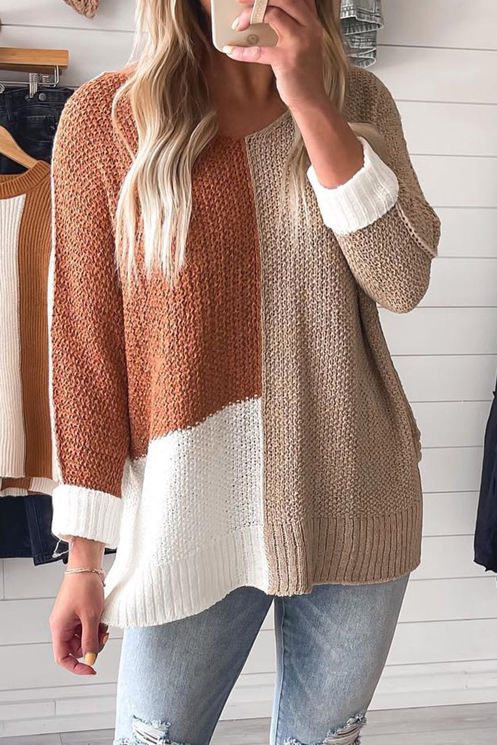PREORDER: Chestnut Color Block Knit V Neck Loose Sweater (Ships 3-4 Weeks)