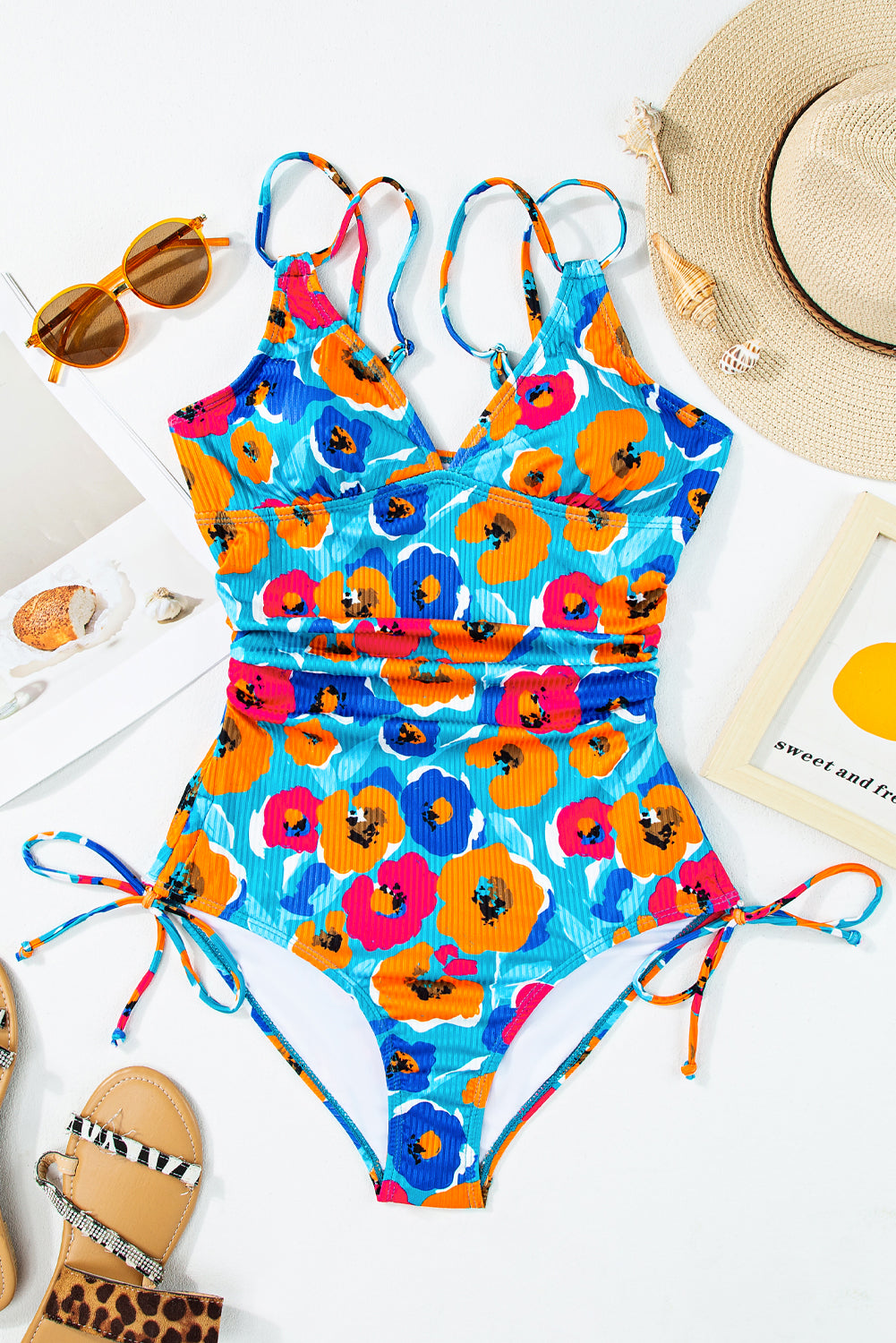 PREORDER: Sky Blue Adjustable Straps Ribbed Knit One Piece Swimsuit (Ships 2-5 weeks)