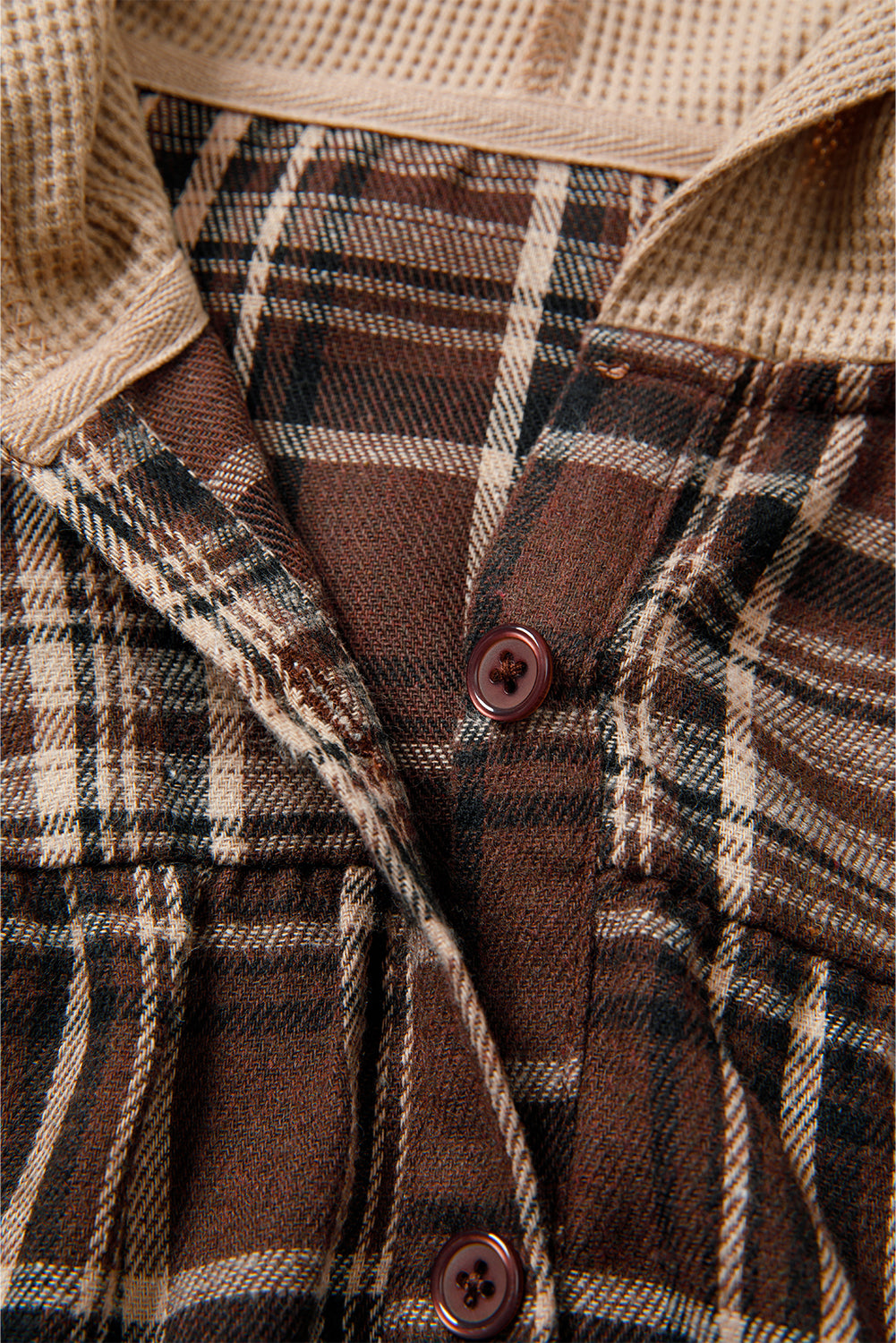 PREORDER: Brown Plaid Patchwork Long Sleeve Button Hooded Blouse (Ships 3-4 Weeks)