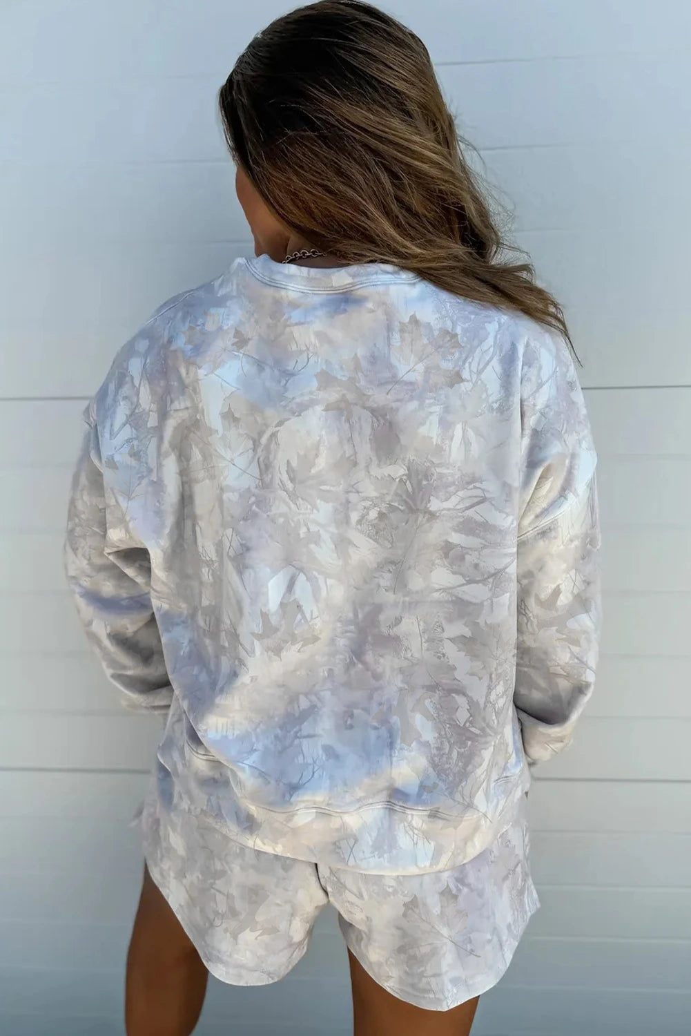 PREORDER: Beige Camo Print Pullover Top and Elastic Waist Casual Short Set (Ships 21-28 Business Days)