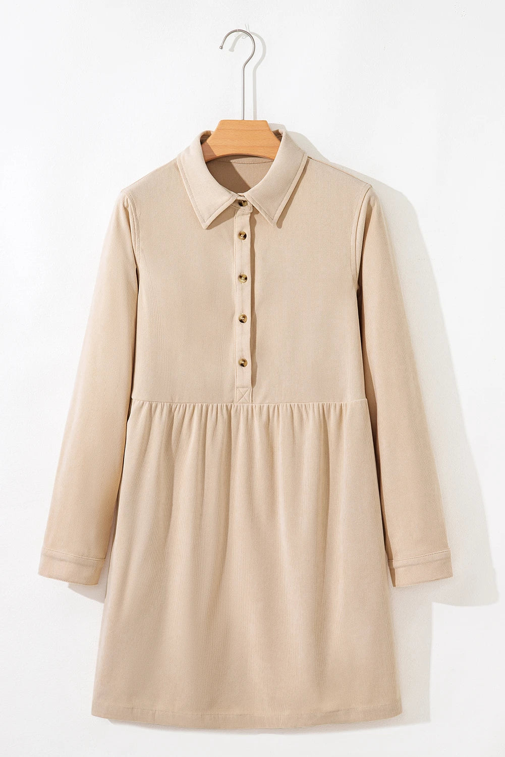 PREORDER: Oatmeal Corduroy Half Button Collared Long Sleeve Mini Dress (Ships 21-28 Business Days)