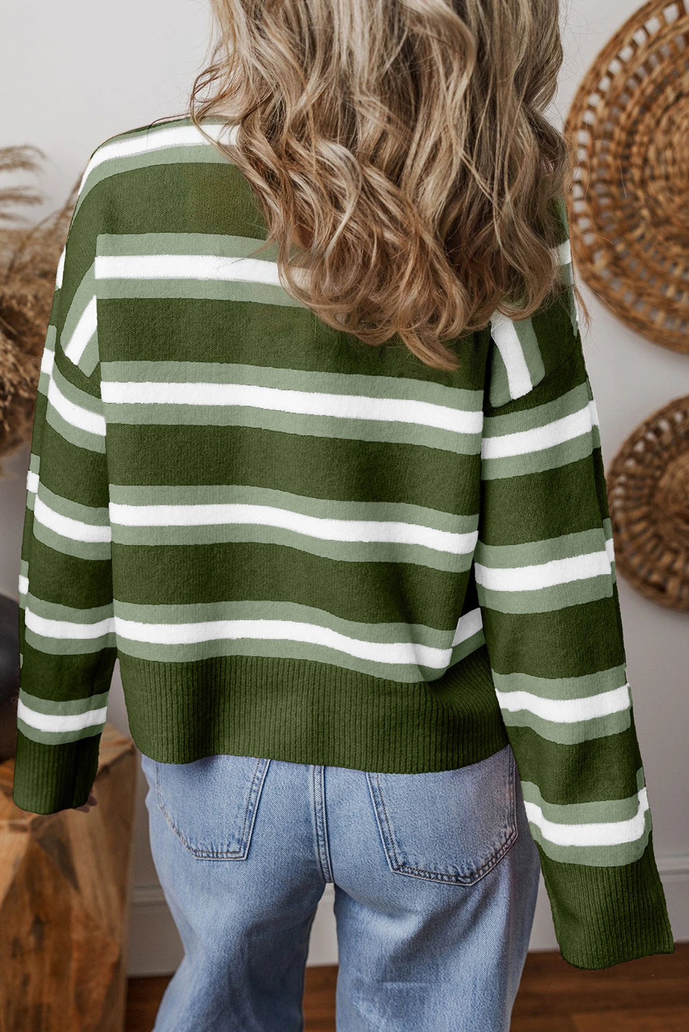 PREORDER: Green Stripe Drop Shoulder Buttons Cardigan Sweater (Ships 21-28 Business Days)