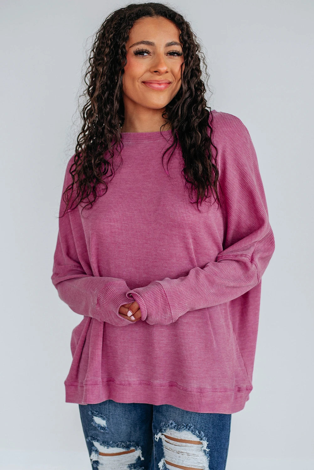 PREORDER: Bright Pink Waffle Knit Patchwork Long Sleeve Loose Top (Ships 21-28 Business Days)