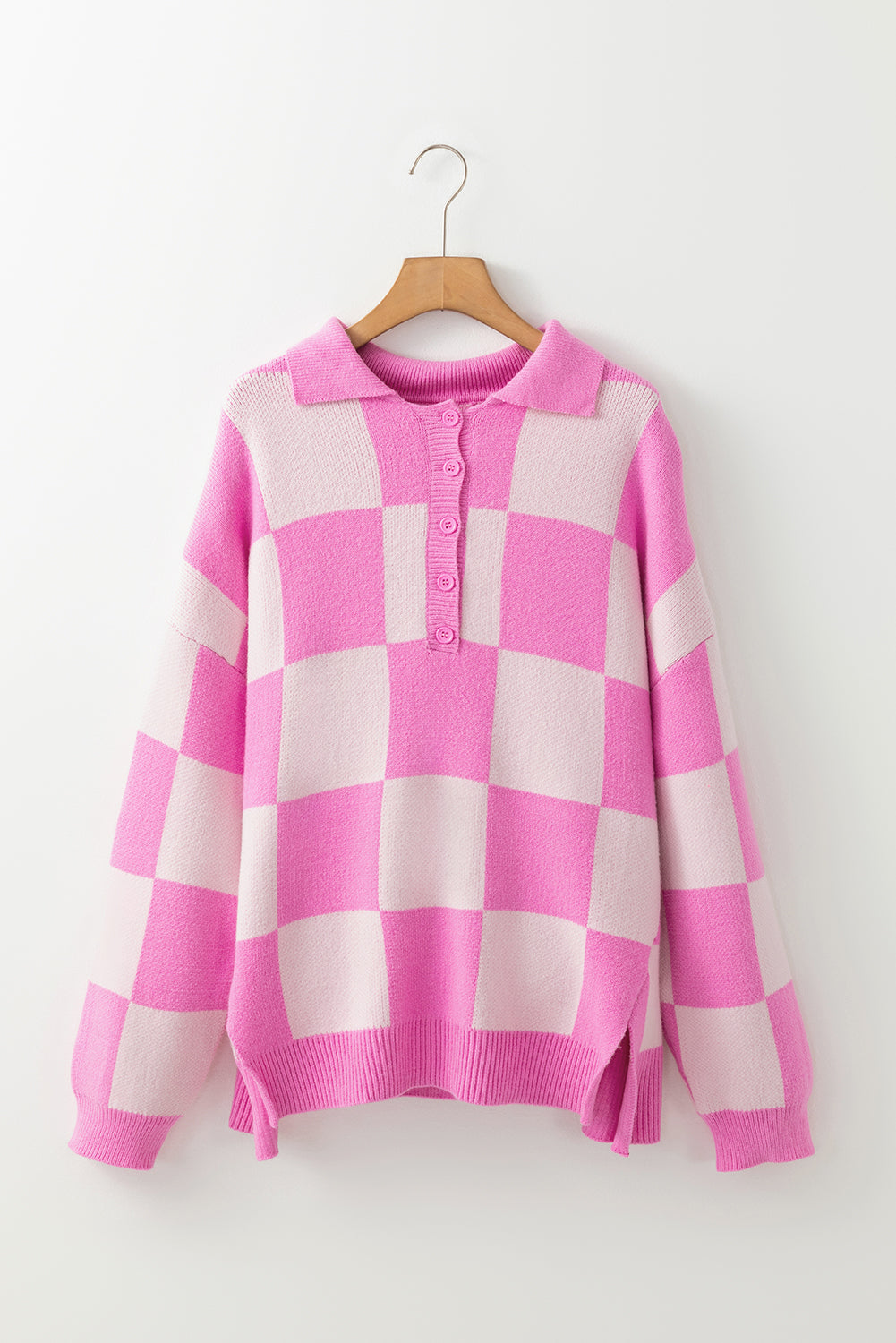 PREORDER: Pink Checkerboard Half Button Collared Drop Shoulder Sweater (Ships in 3-4 weeks)
