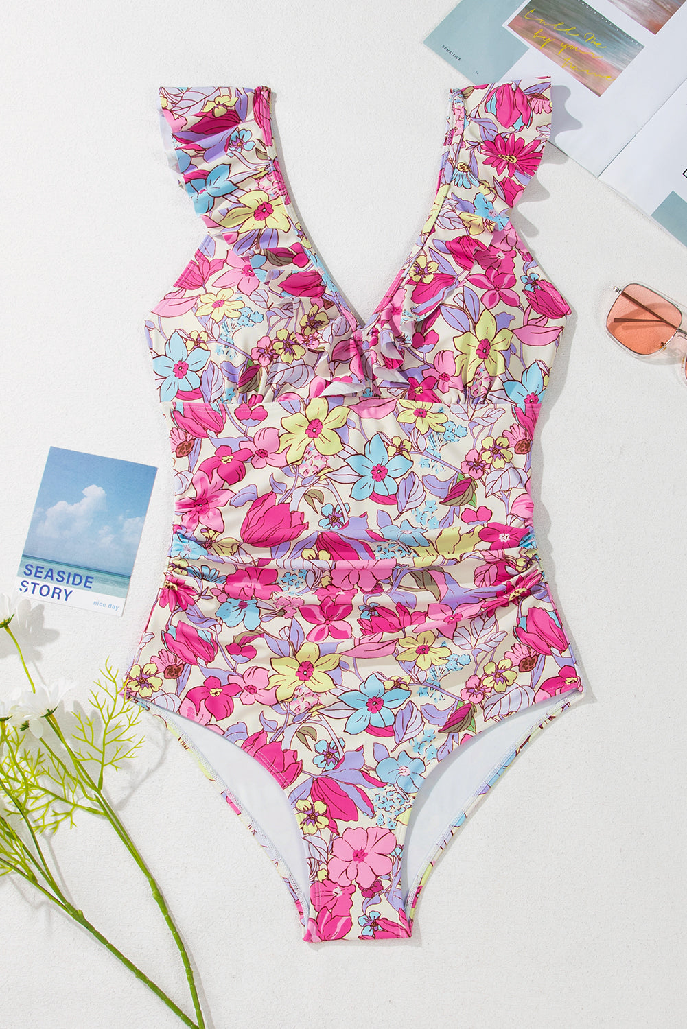 PREORDER: Pink Floral Ruffle Trim V Neck Lace-up Back Tummy Control One Piece Swimsuit (Ships 2-5 weeks)