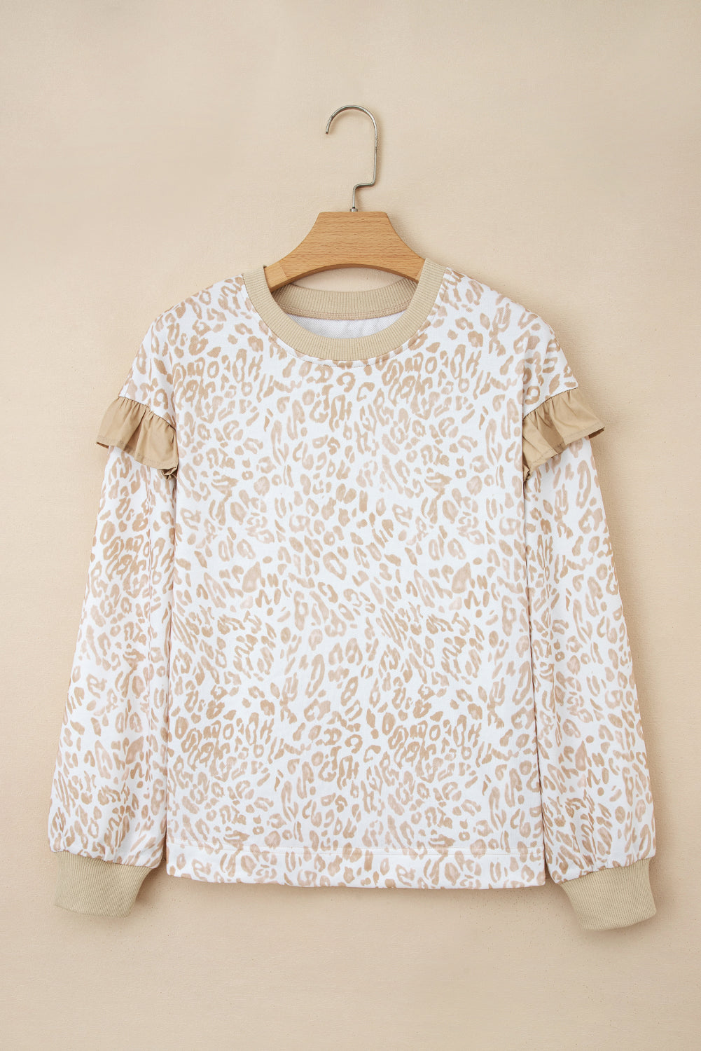 PREORDER: Khaki Leopard Ruffle Detail Sweatshirt (Ships 3-4 Weeks)