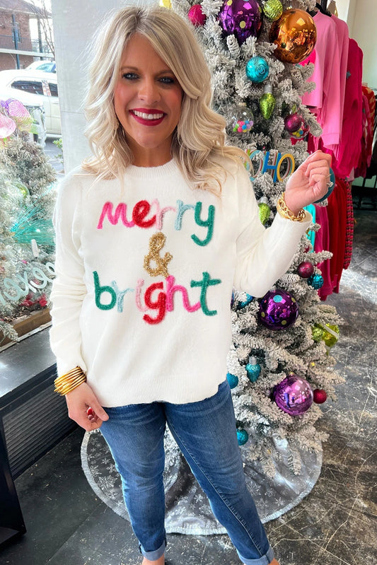 PREORDER: White Merry & Bright Round Neck Casual Sweater (Ships 21-28 Business Days)