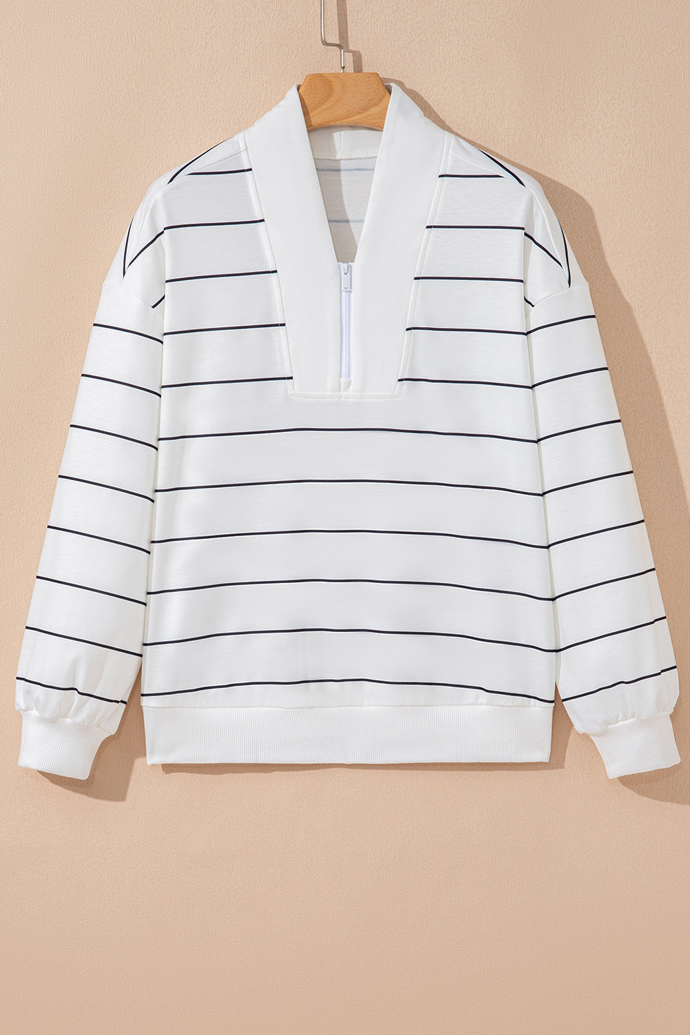 PREORDER: White Zip V Neck Casual Stripe Print Drop Shoulder Long Sleeve Top (Ships 21-28 Business Days)