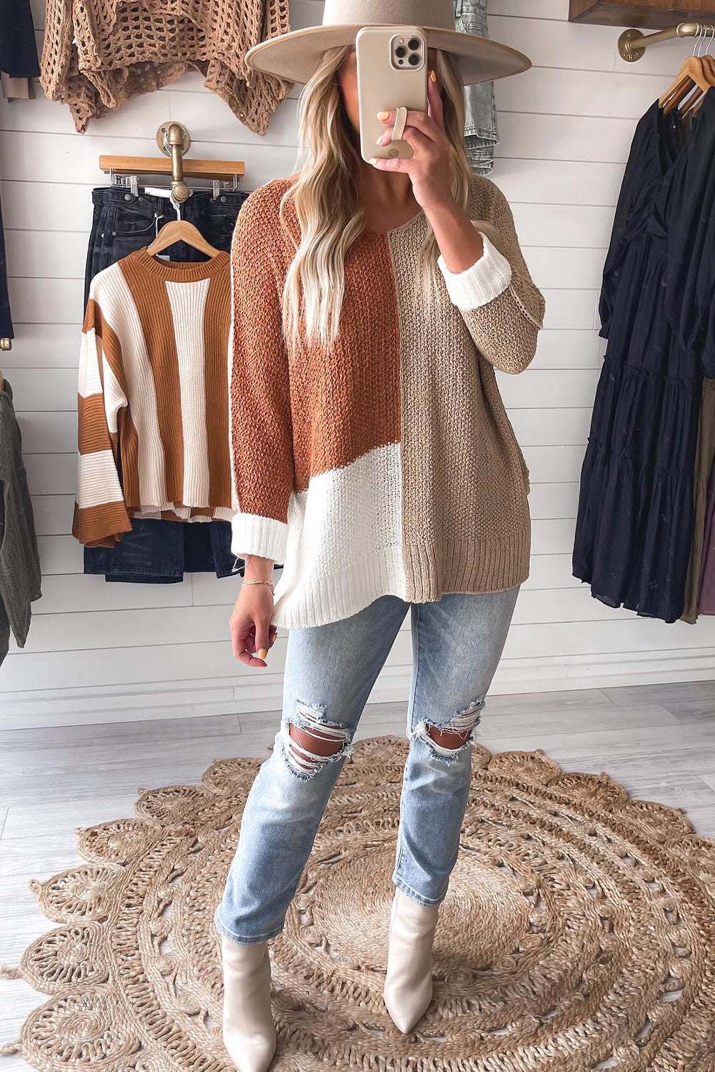 PREORDER: Chestnut Color Block Knit V Neck Loose Sweater (Ships 3-4 Weeks)