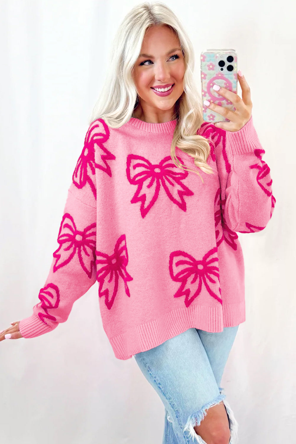 PREORDER: Pink Bow Pattern Drop Shoulder Loose Sweater (Ships 2-4 weeks)