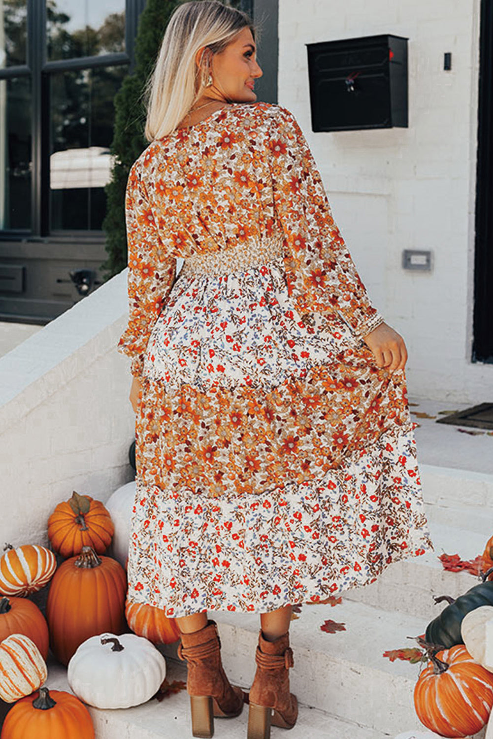 PREORDER: Khaki Floral Print Ruffled Tiered Long Sleeve V Neck Midi Dress (Ships 3-4 Weeks)