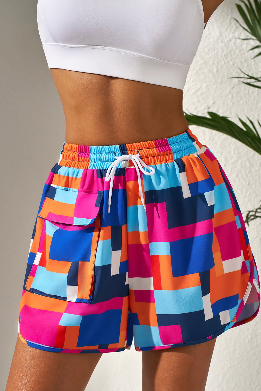 PREORDER: Rose Geometric Printed Drawstring Waist Beach Shorts with Pockets (Ships 2-5 weeks)